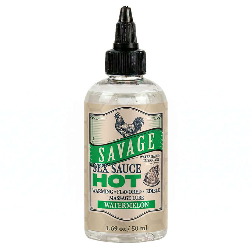 Savage Sex Sauce Hot Watermelon Warming Lube 1.69 oz bottle with packaging design and black cap
