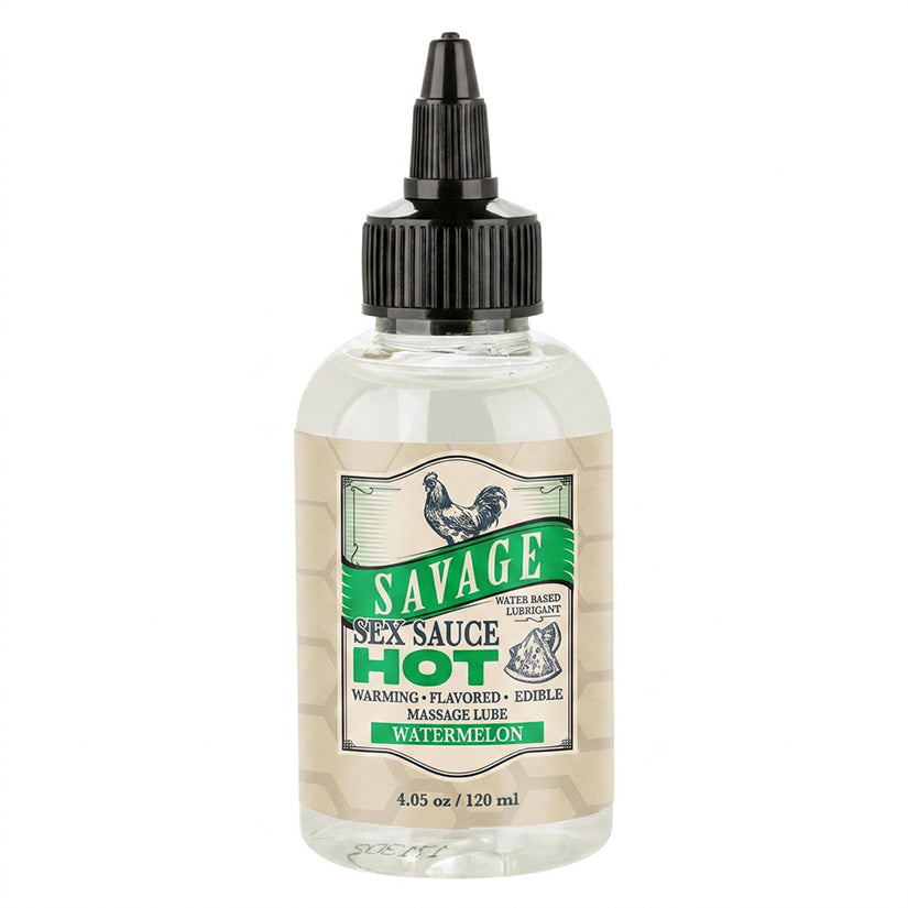 Savage Sex Sauce Hot Watermelon 4.05 oz water-based massage lube bottle with warming sensations and watermelon flavor.