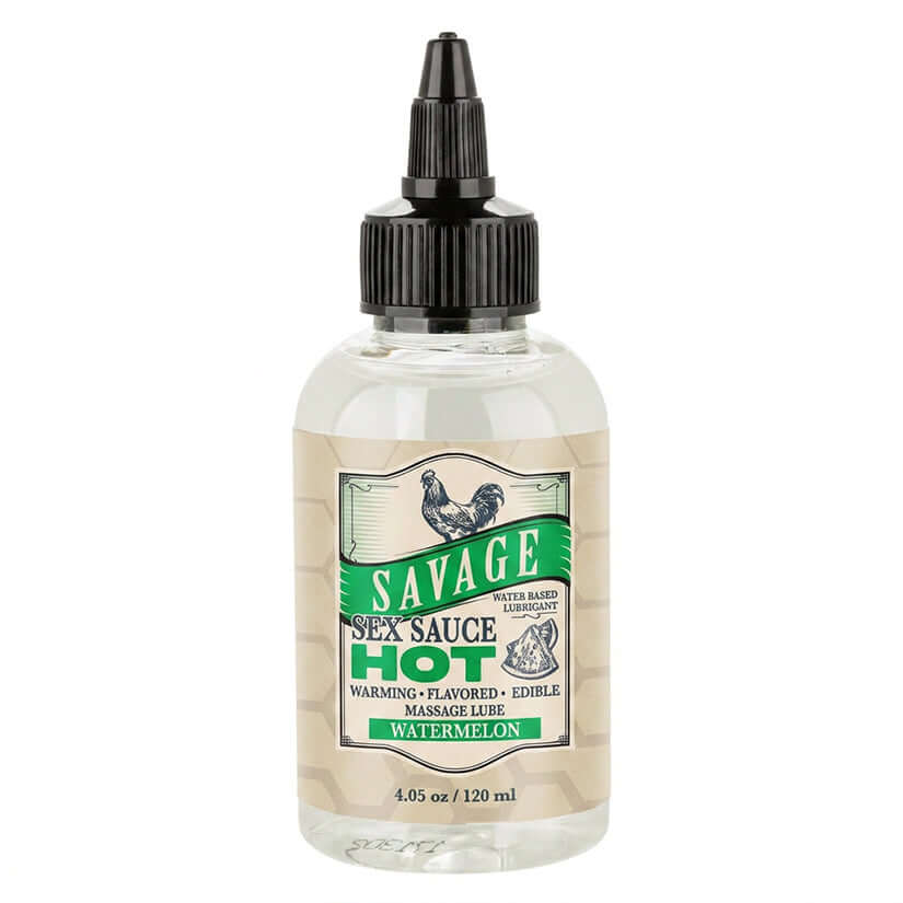 Savage Sex Sauce Hot Watermelon 4.05 oz water-based massage lube bottle with warming sensations and watermelon flavor.