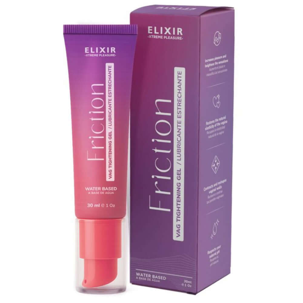 Elixir Friction Tightening Lubricant 30 ml packaging and product for enhanced intimate experience.