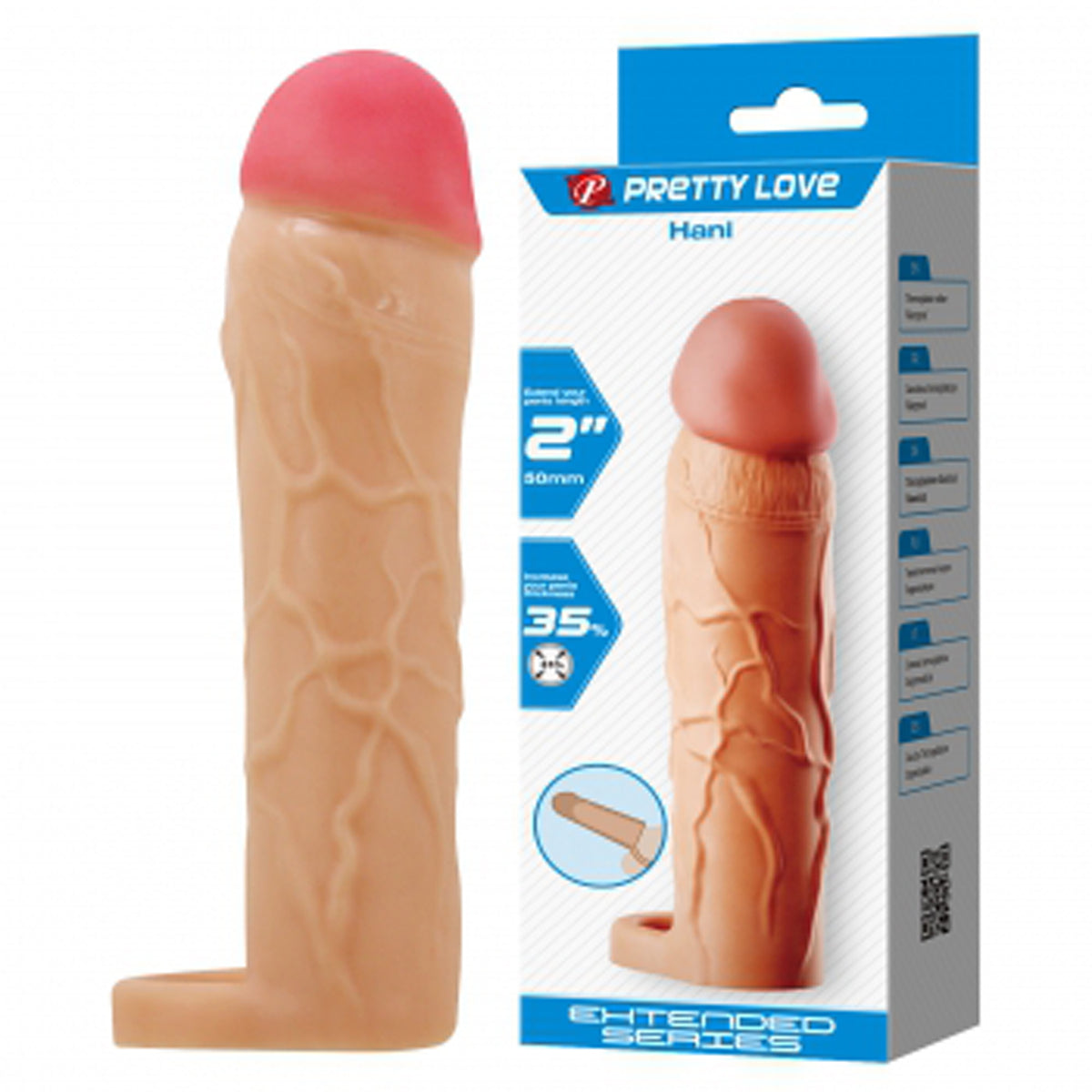 Pretty Love Hani 2 Inch Penis Extension Sleeve Beige displayed alongside its packaging for enhanced product details.