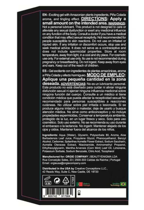 Orgie Dual Vibe Pina Colada Kissable Liquid Vibrator 15 ml back label with directions and ingredients.