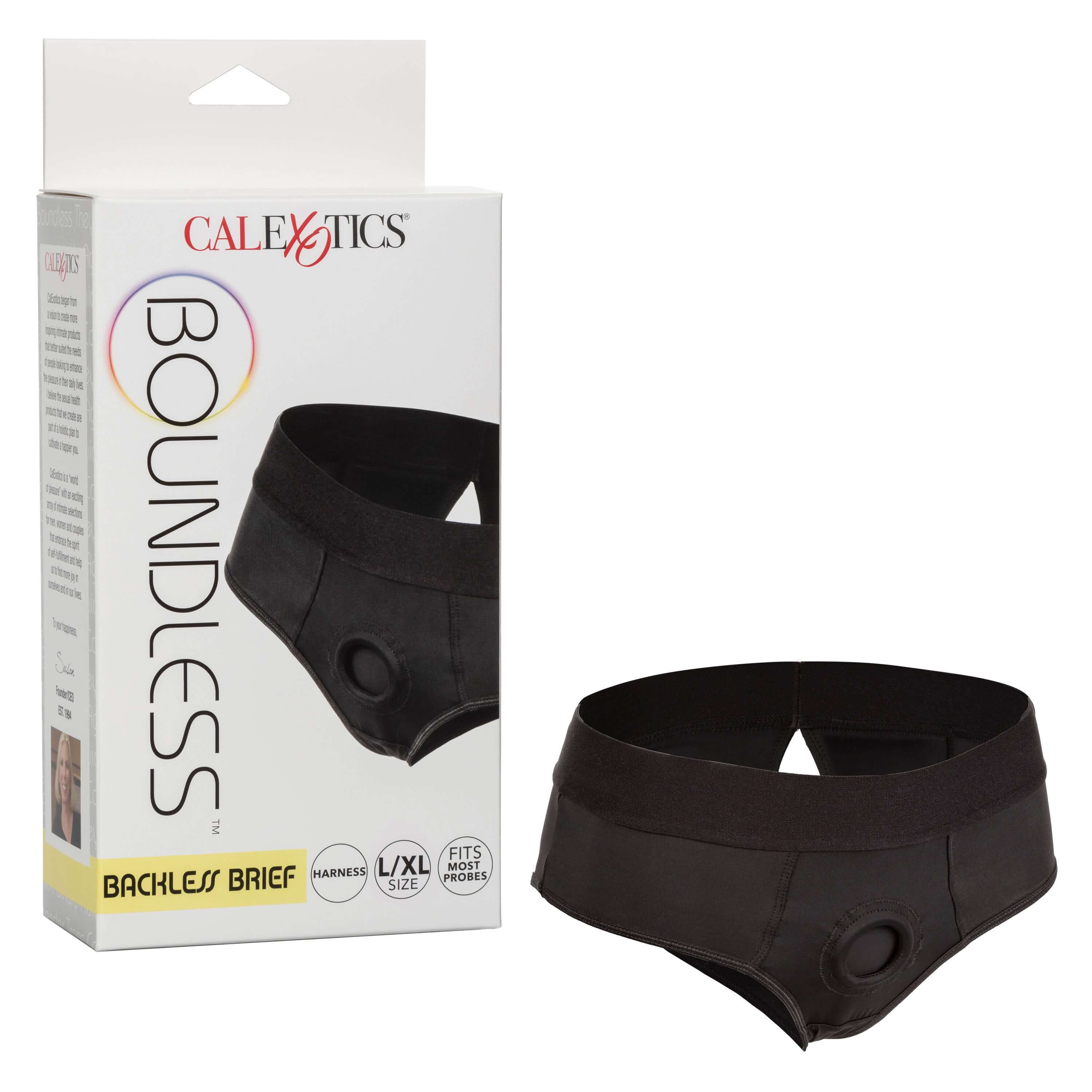 Boundless Backless Brief Large XL Black packaging with brief display and brand logo.