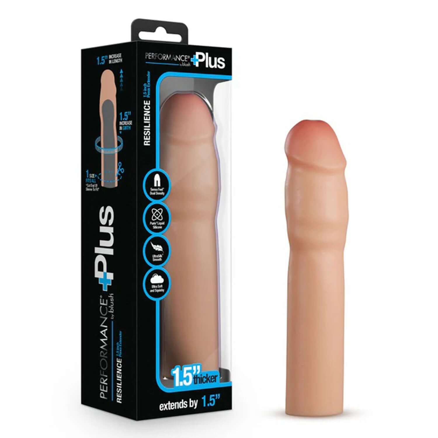 Performance Plus 1.5 Inch Silicone Penis Xtender Beige in packaging, designed to enhance length and girth.