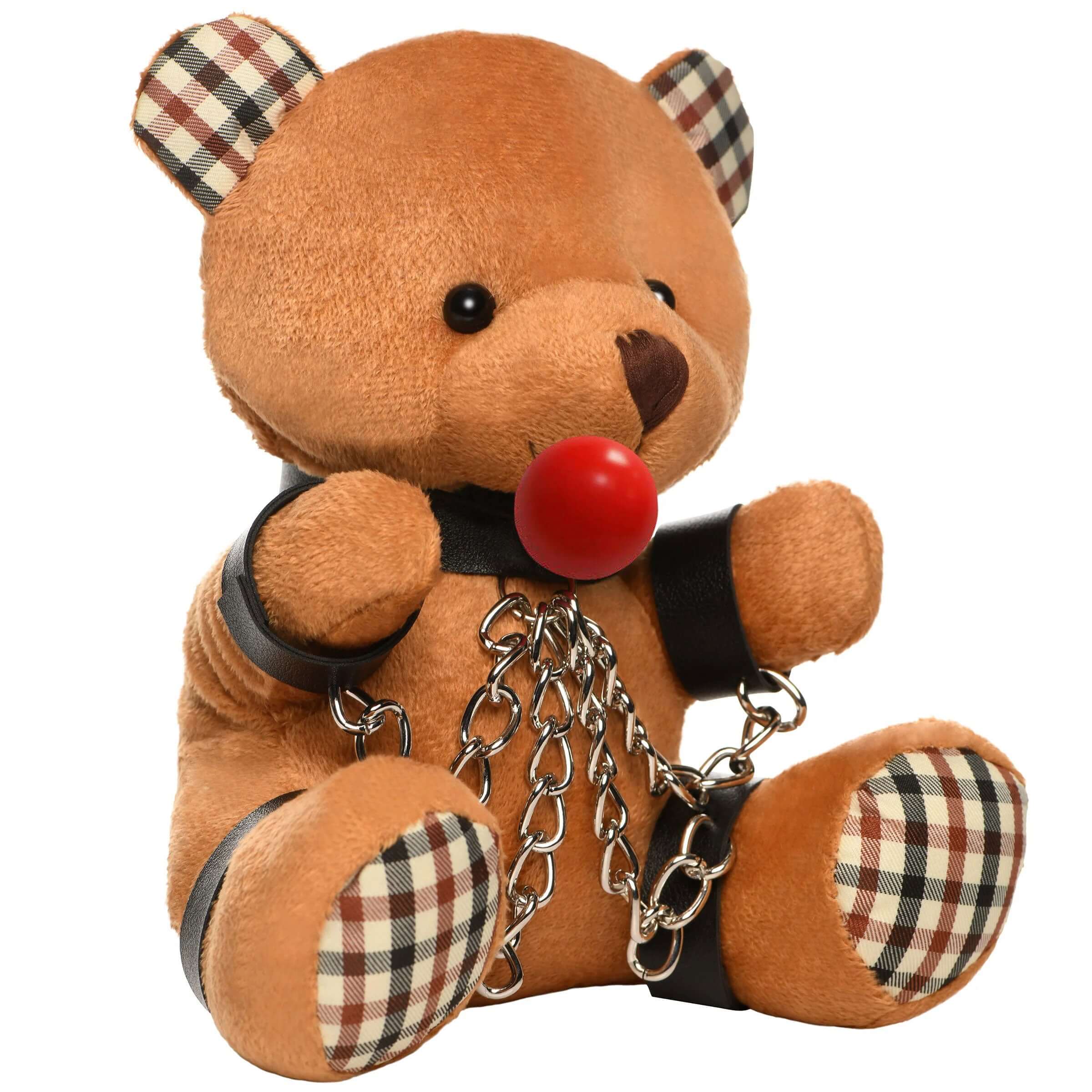 Gagged Teddy Bear Plush with a red ball gag and chains, designed as a humorous novelty item.