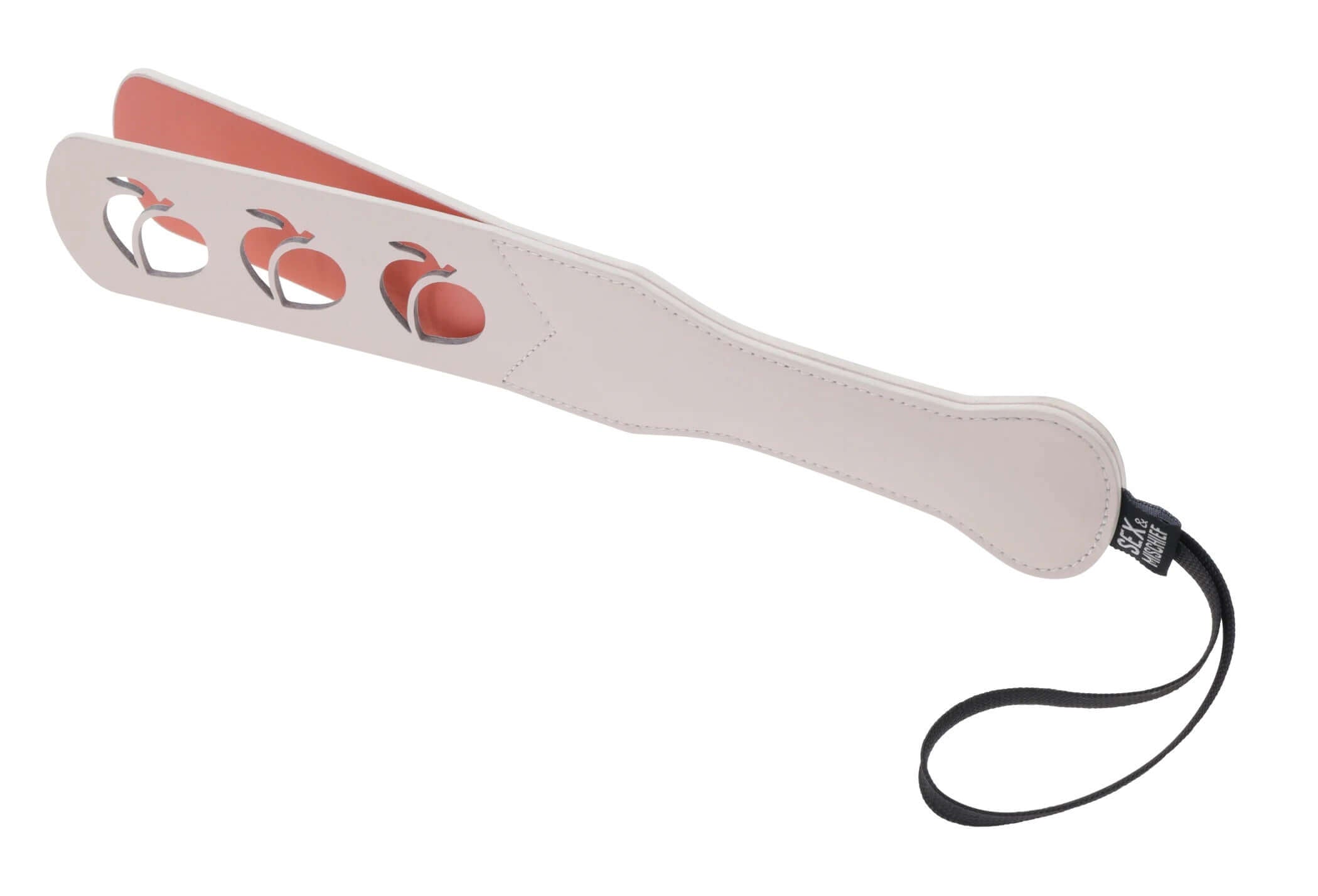 Peaches 'N Creame Paddle - Pink faux leather paddle with peach-shaped cutouts and split tips for playful spanks and saucy sensations