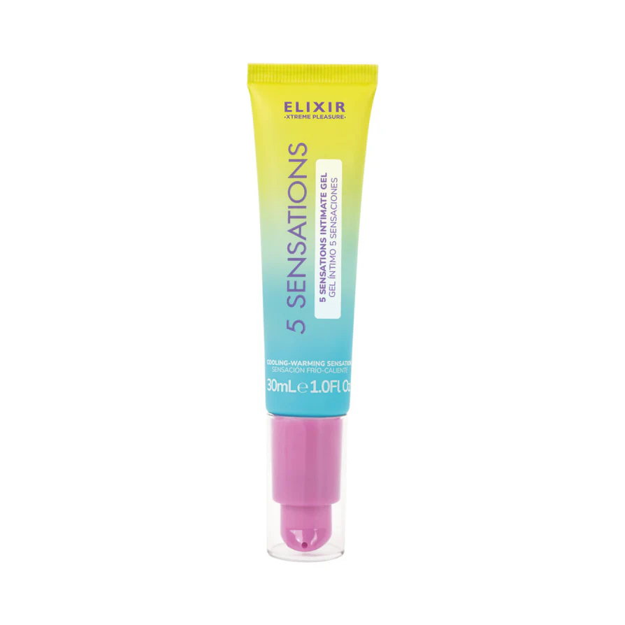 Elixir 5 Sensations Lubricant 30 ml tube, designed for a complete sensory experience with cooling and warming effects.