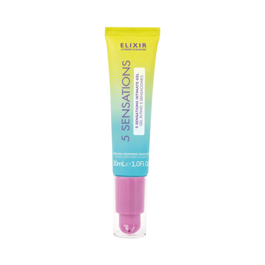 Elixir 5 Sensations Lubricant 30 ml tube, designed for a complete sensory experience with cooling and warming effects.