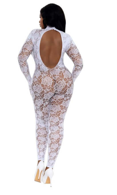 Dreamgirl Gloved Bodystocking Dmnd Queen Size White displayed from the back, showcasing elegant lace design and open back.