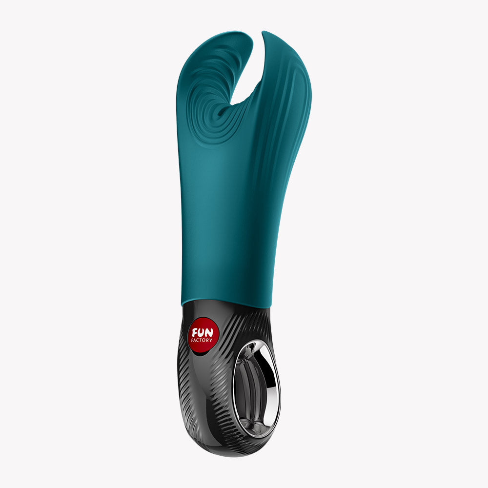 Fun Factory Manta Vibrating Masturbator Green, premium rechargeable male pleasure device with open-wing structure.