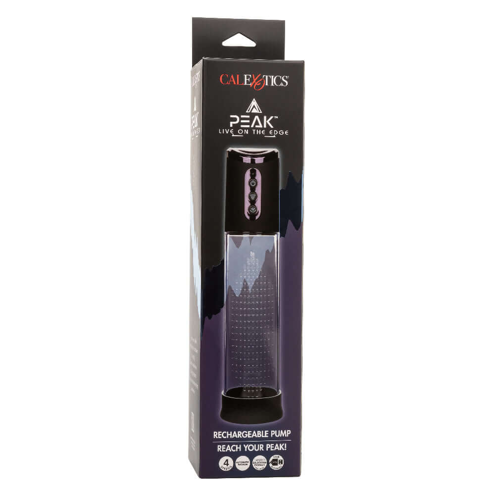 Peak Rechargeable Penis Pump in packaging - Black/clear, state-of-the-art suction device for intimate enhancement.