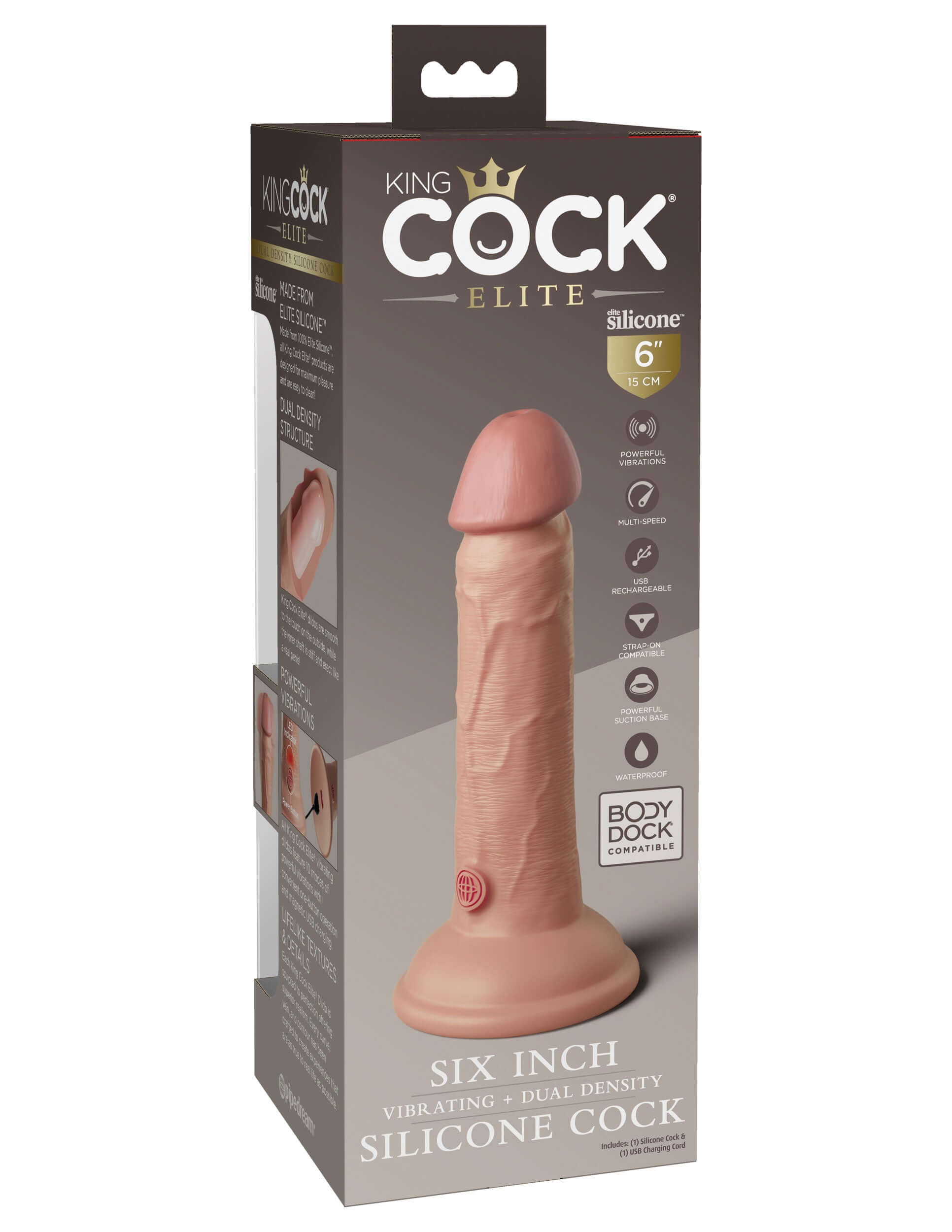 King Cock Elite 6 Inch Vibrating Silicone Dual Density Cock Light packaged for enhanced pleasure and realistic satisfaction.