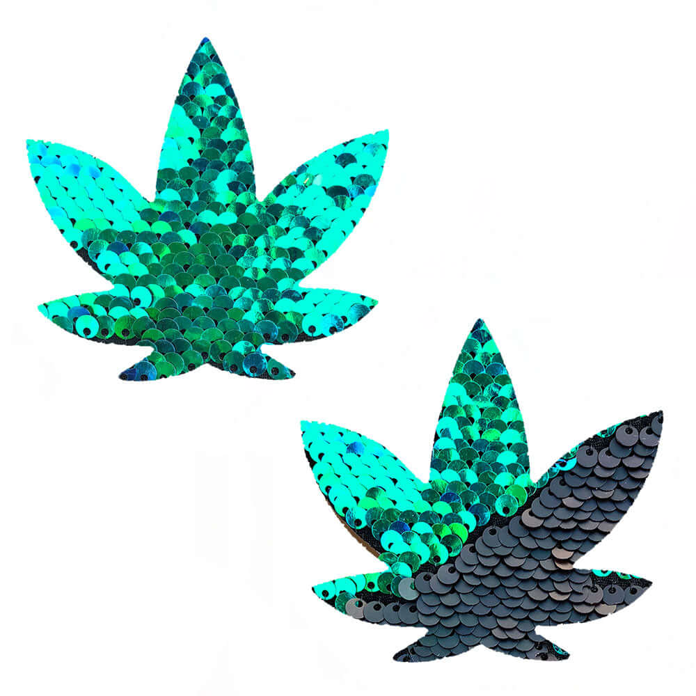 Ariel - Green to Black Flip Sequin Gold Dope Af Weed Leaf Pasties-0