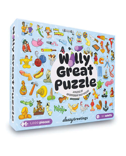 Willy Great Puzzle Funny Penis 1000 Piece Jigsaw Puzzle box featuring colorful illustrations and humorous characters.