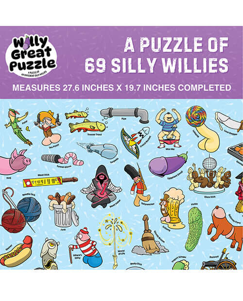 Willy Great Puzzle Funny Penis 1000 Piece Jigsaw Puzzle featuring a colorful collage of 69 silly willies.