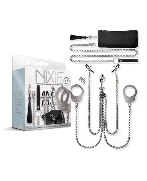 Nixie Interchangeable 8 pc Bondage Kit Silver displayed with all components and stylish packaging.