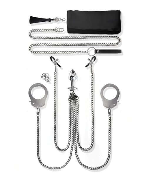 Nixie Interchangeable 8 pc Bondage Kit Silver components including cuffs, chains, leash, and satin restraint sash.