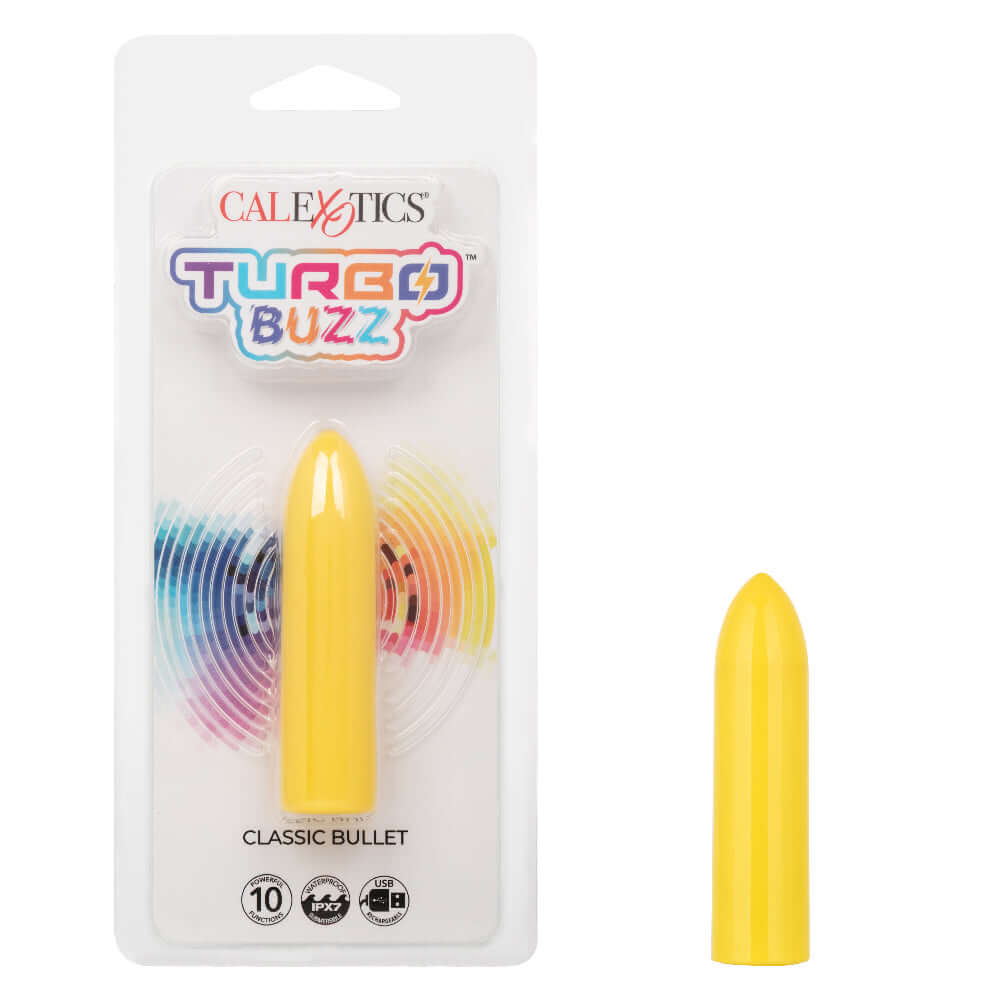 Turbo Buzz Classic Bullet in yellow packaging showcasing compact size and 10 vibration functions.