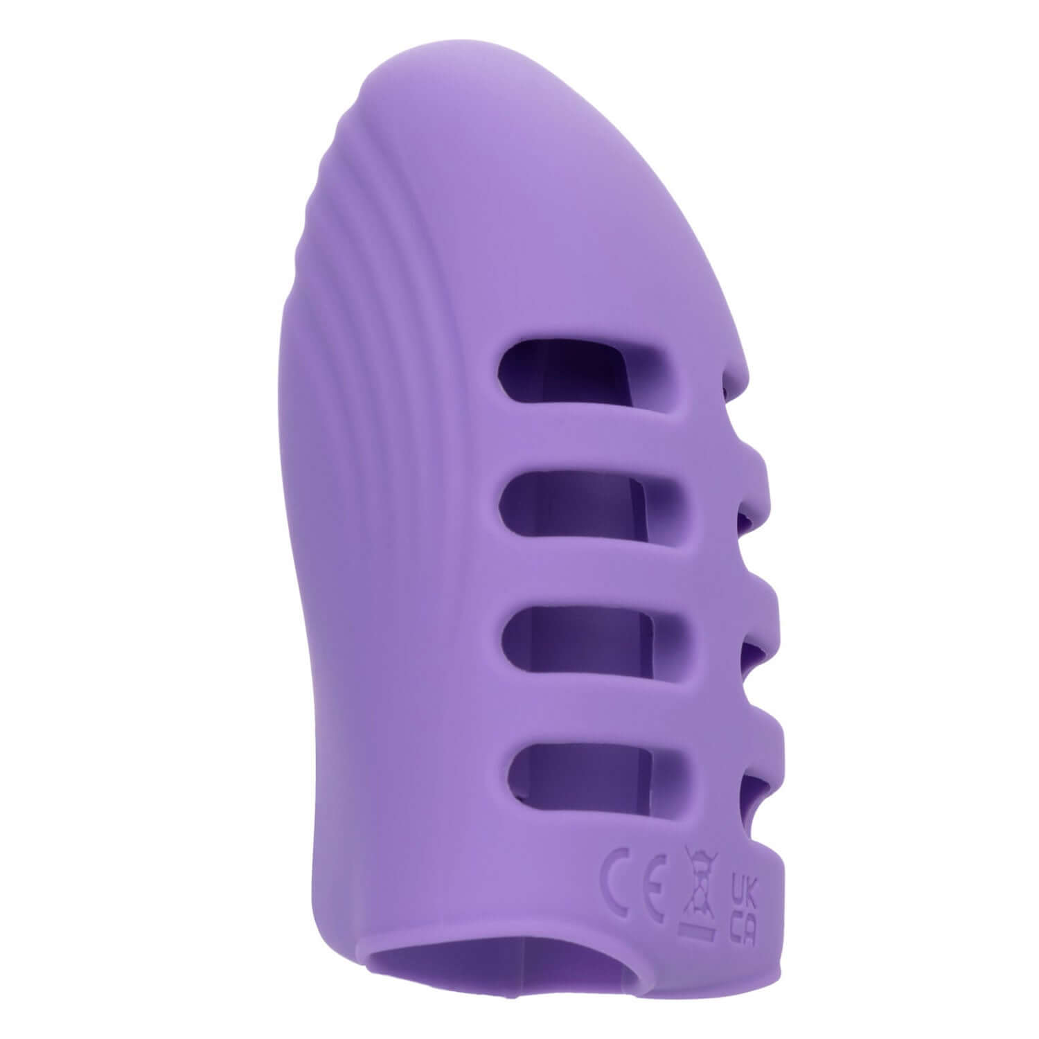 Purple Dr. Laura Berman Rechargeable Finger Vibe with pleasure ridges for heightened stimulation.