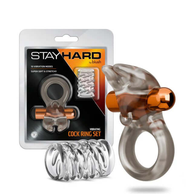 Stay Hard Vibrating Cock Ring Set With Sleeve Sheath showcases a rechargeable vibrating cock ring and textured sleeve.