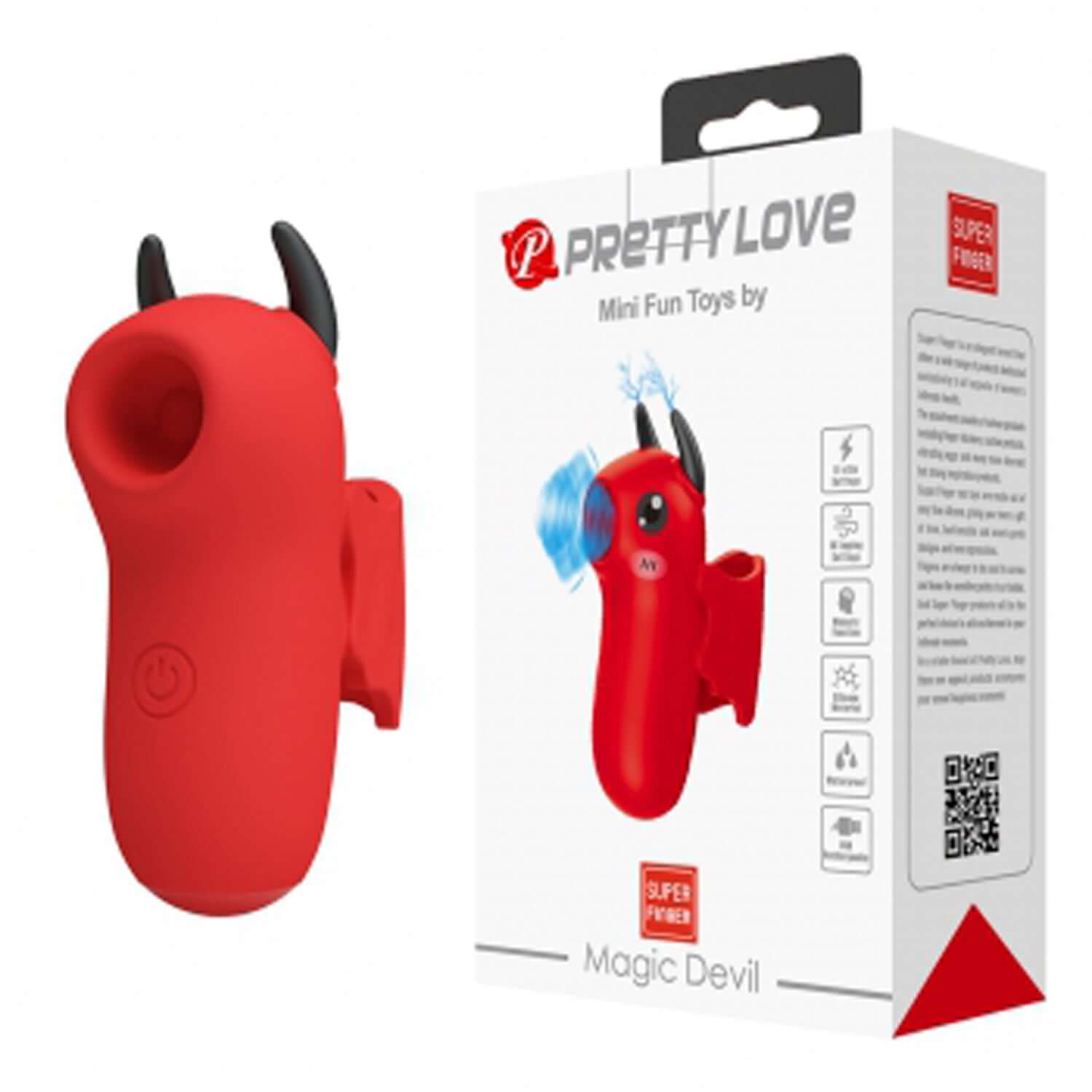 Magic Devil Finger Vibrator in red packaging, featuring silicone design and playful devil horns for enhanced pleasure.