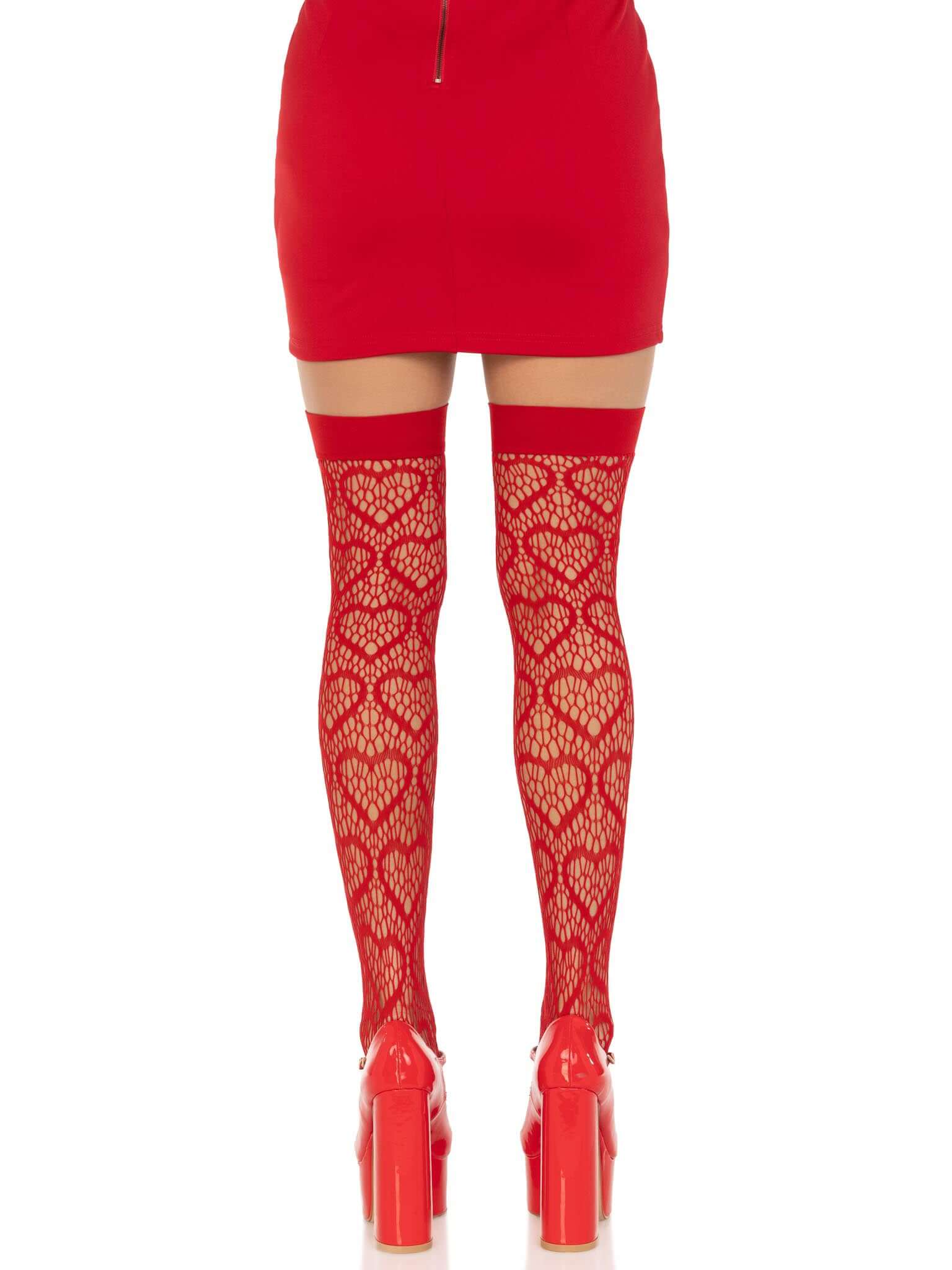 Leg Avenue Heart Net Thigh Highs One Size Red, featuring heart-pattern fishnet design, perfect for date night.