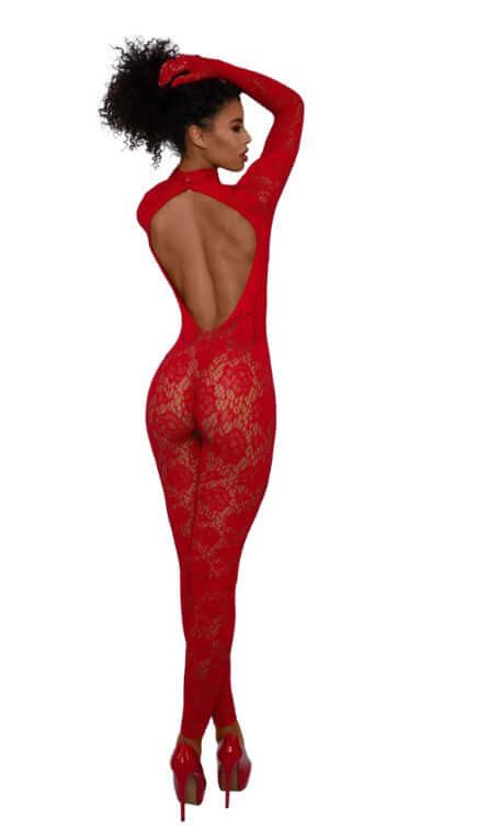 Model displaying the Dreamgirl Gloved Bodystocking Dmnd OS Red from the back, highlighting its elegant design and fit.