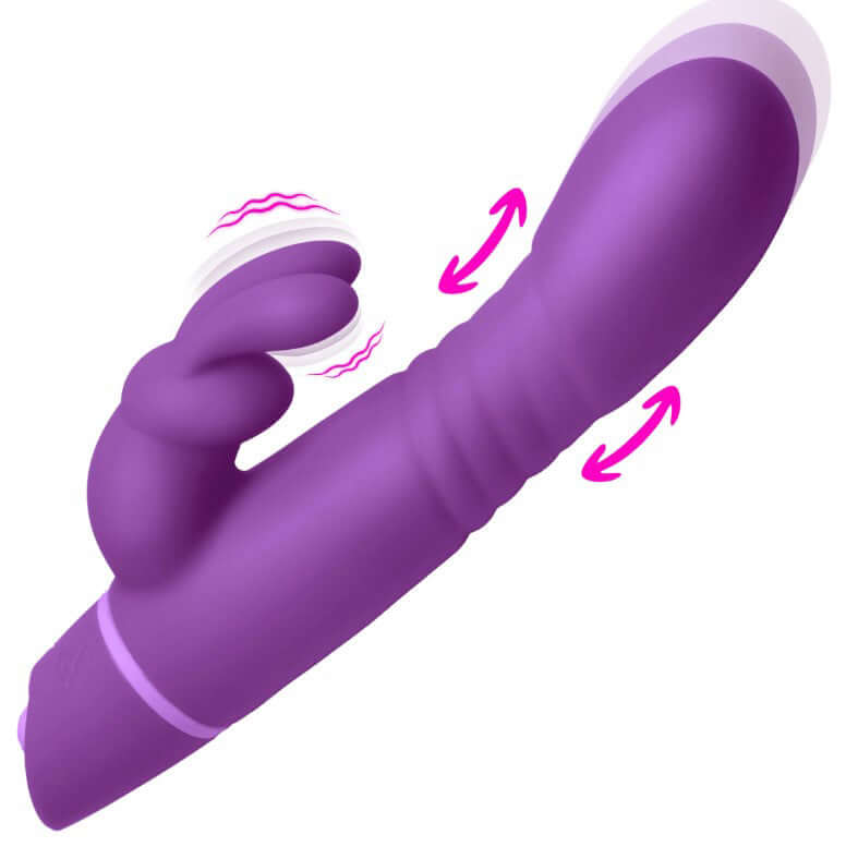 Bang Thrusting Silicone Rabbit Vibrator Purple showcasing dual-stimulation capabilities and vibrant design.