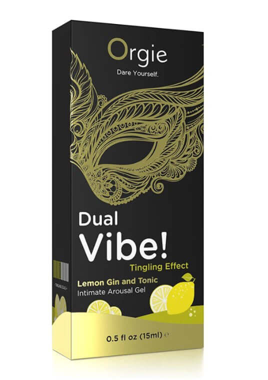 Orgie Dual Vibe Gin & Tonic Lemon Kissable Liquid Vibrator 15 ml packaging with lemon graphics.