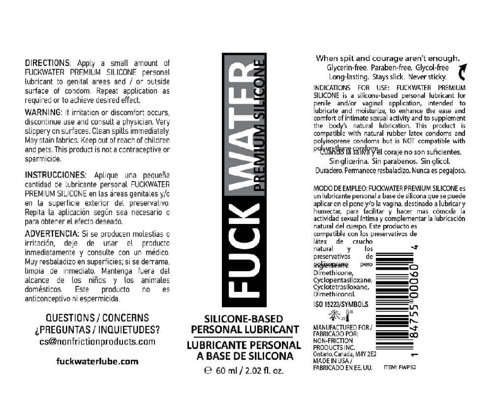 Fuck Water Premium Silicone Lubricant 2 Oz product label showcasing directions and warnings for use.