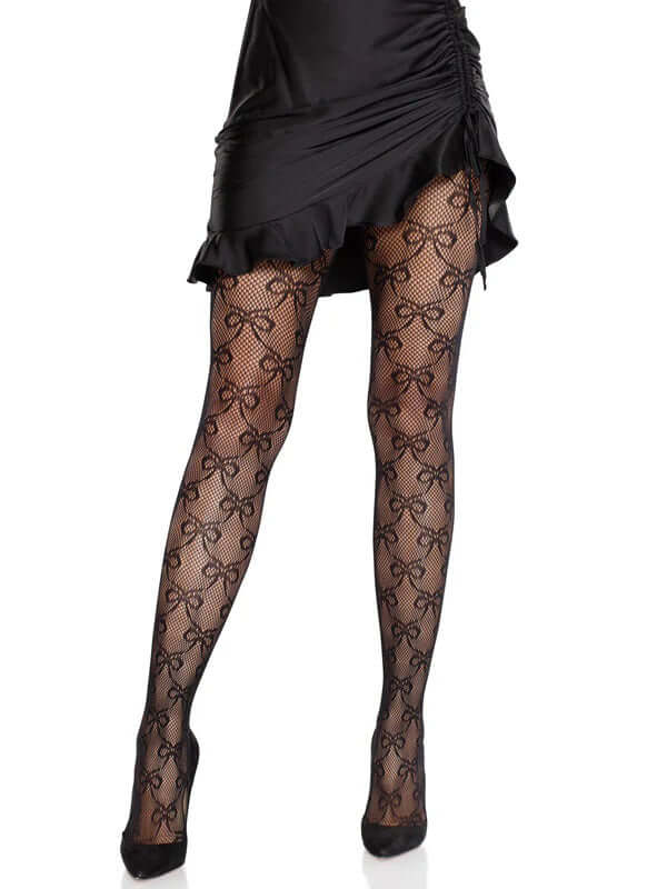 Leg Avenue Bow Babe black net tights with woven bow design, ideal for a flirty and stylish outfit.