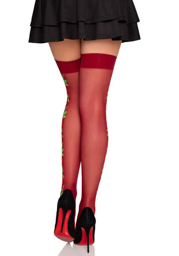 Spandex Thigh Highs With Roses - Os - Burgundy-1