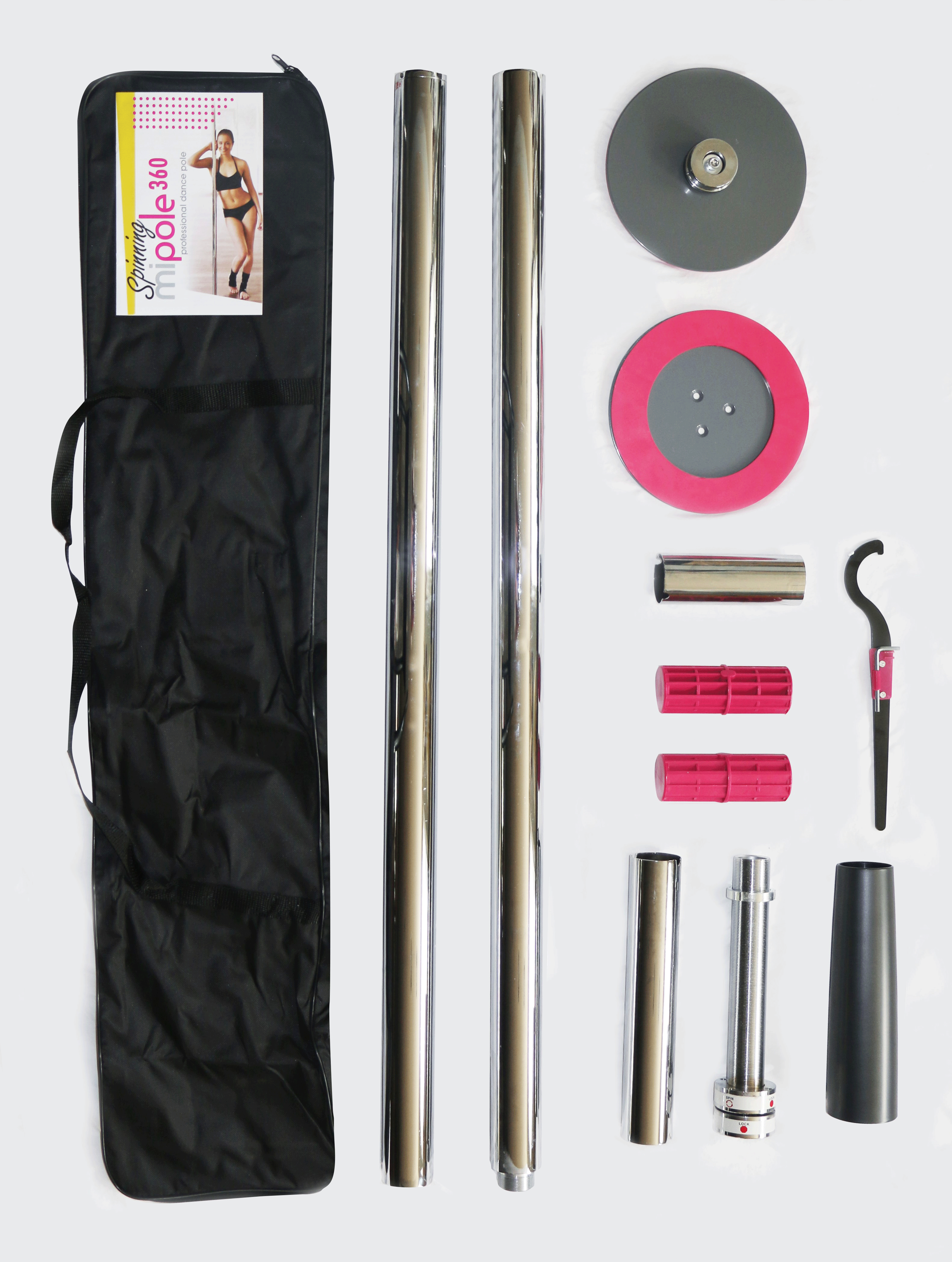 Mipole 360 Spinning Professional Dance Pole with accessories and carrying bag, ideal for portable dance practice.