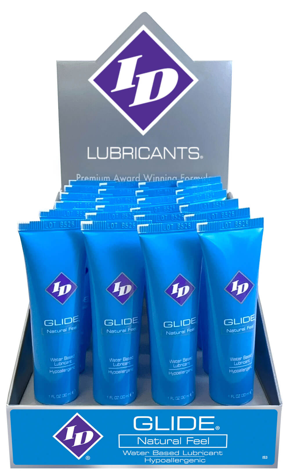ID Glide Lubricant Display 24 count 1 Oz Tubes on a stand with blue packaging.