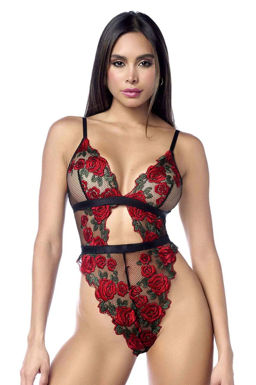 Mapale Teddy Small Medium Black Red featuring sheer black mesh and intricate rose embroidery for an elegant look.