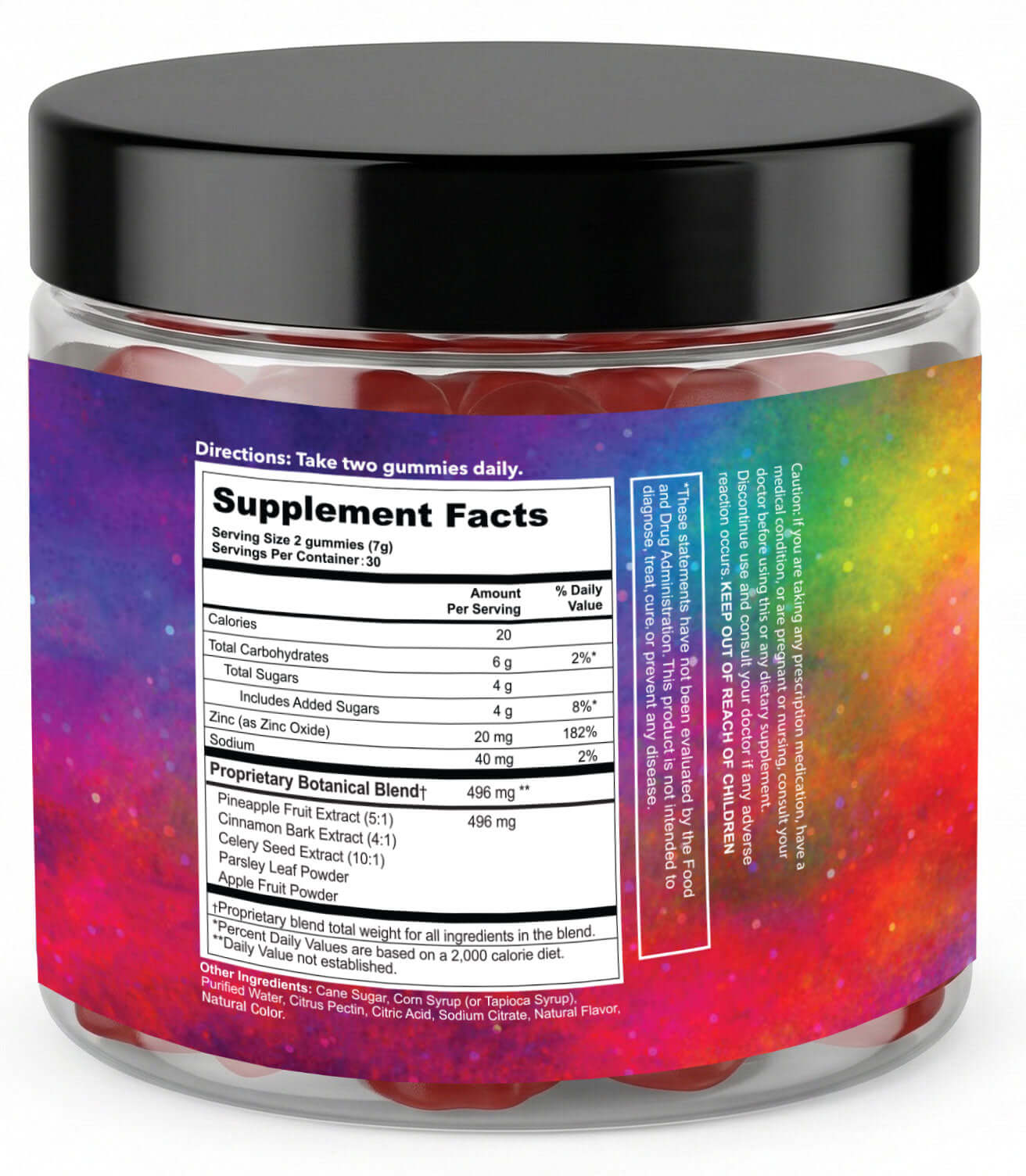 Yummy Cummy Gummy 60 count container showing supplement facts and colorful packaging.