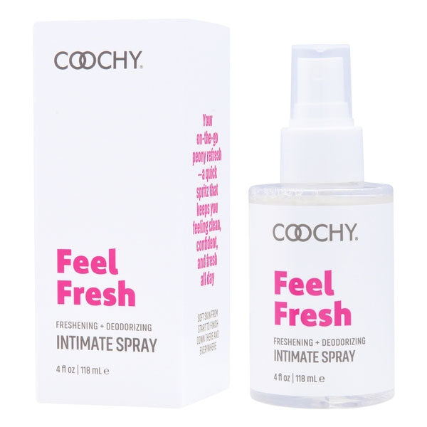 Coochy Intimate Feminine Spray 4 Oz bottle and box with Feel Fresh label for deodorizing and freshness.