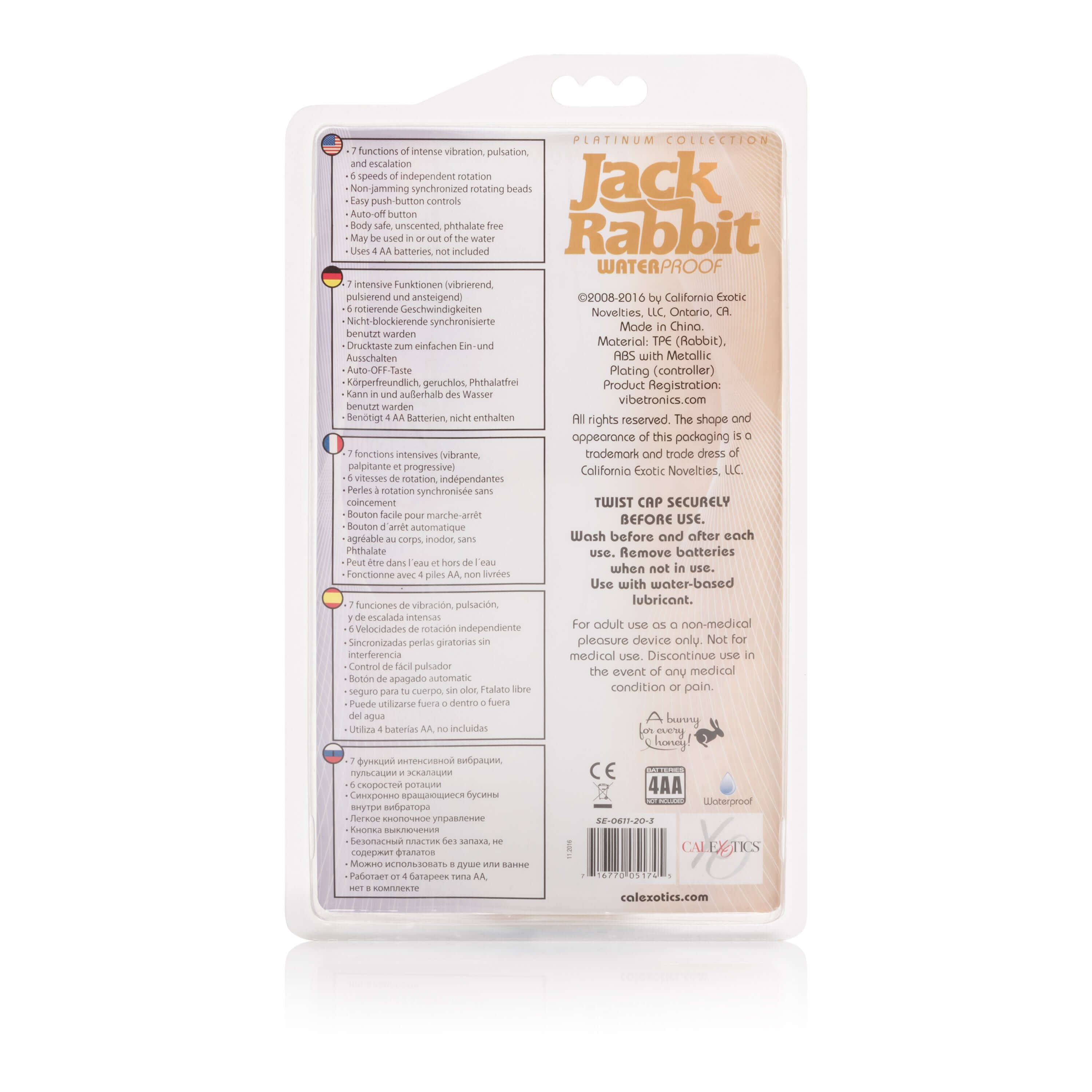 Packaging of the Platinum Jack Rabbit Vibrator Gold, featuring product details and waterproof information.