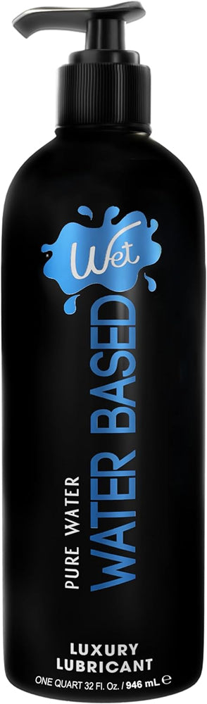 Wet Original Water Based Lubricant 32 Oz bottle featuring a black design with blue accents, pump top for easy dispensing.
