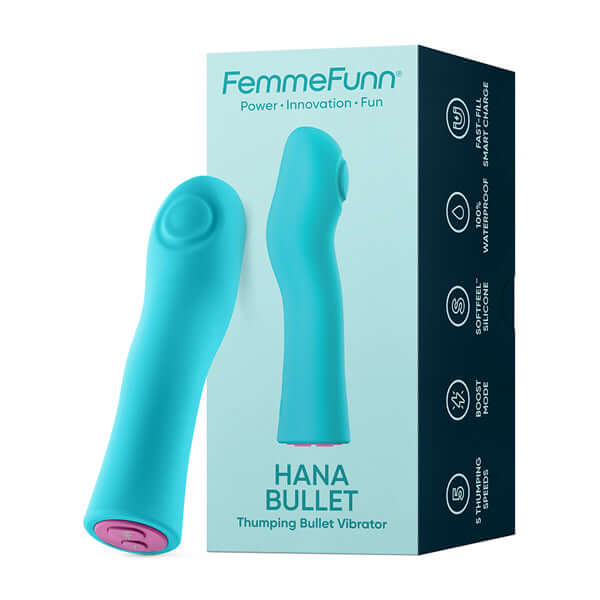 Hana Bullet Thumping Vibrator in turquoise packaging, featuring waterproof silicone and 5 thumping speeds.