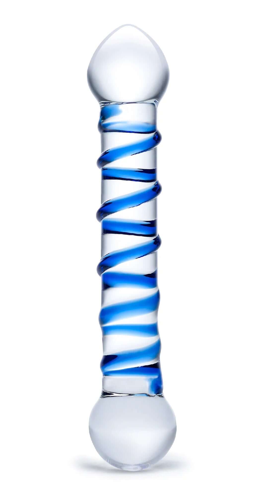 6.5 Inch Spiral Glass Dildo with Raised Blue Spiral and Teardrop-shaped Tip for Internal Massage and Enhanced Friction Sensation