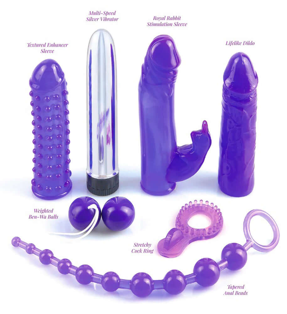 Royal Rabbit Kit Purple including textured sleeve, vibrator, stimulation sleeve, lifelike dildo, weighted balls, cock ring, and anal beads.