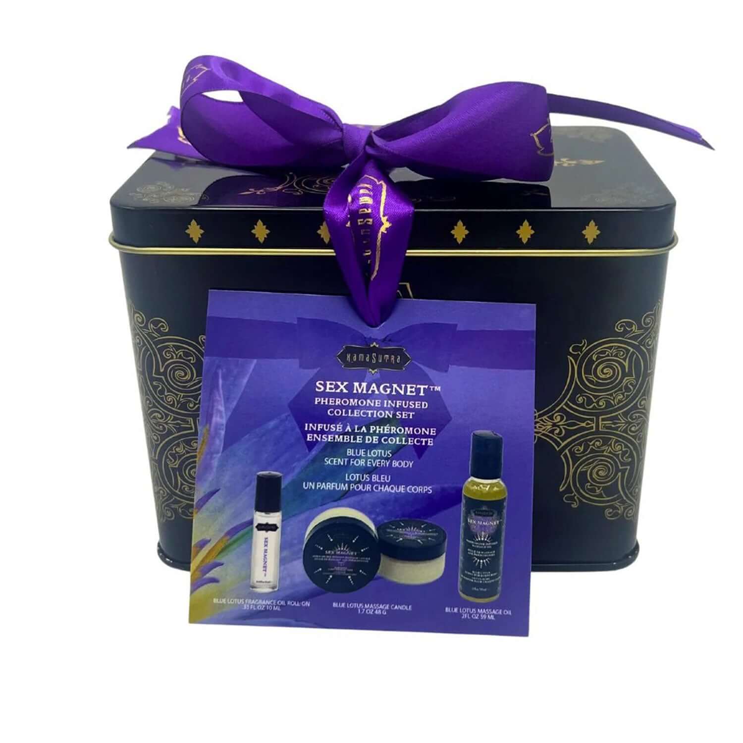Kama Sutra Sex Magnet Pheromone Blue Lotus Gift Set with enticing fragrance and elegant packaging, perfect for all genders.