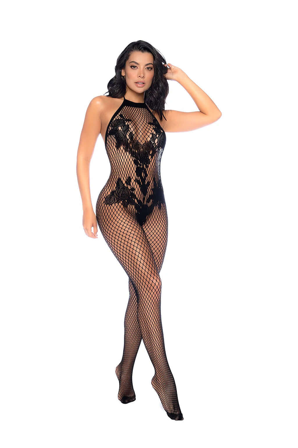 Vino Noir Floral Fishnet Bodystocking - Os - Black-0