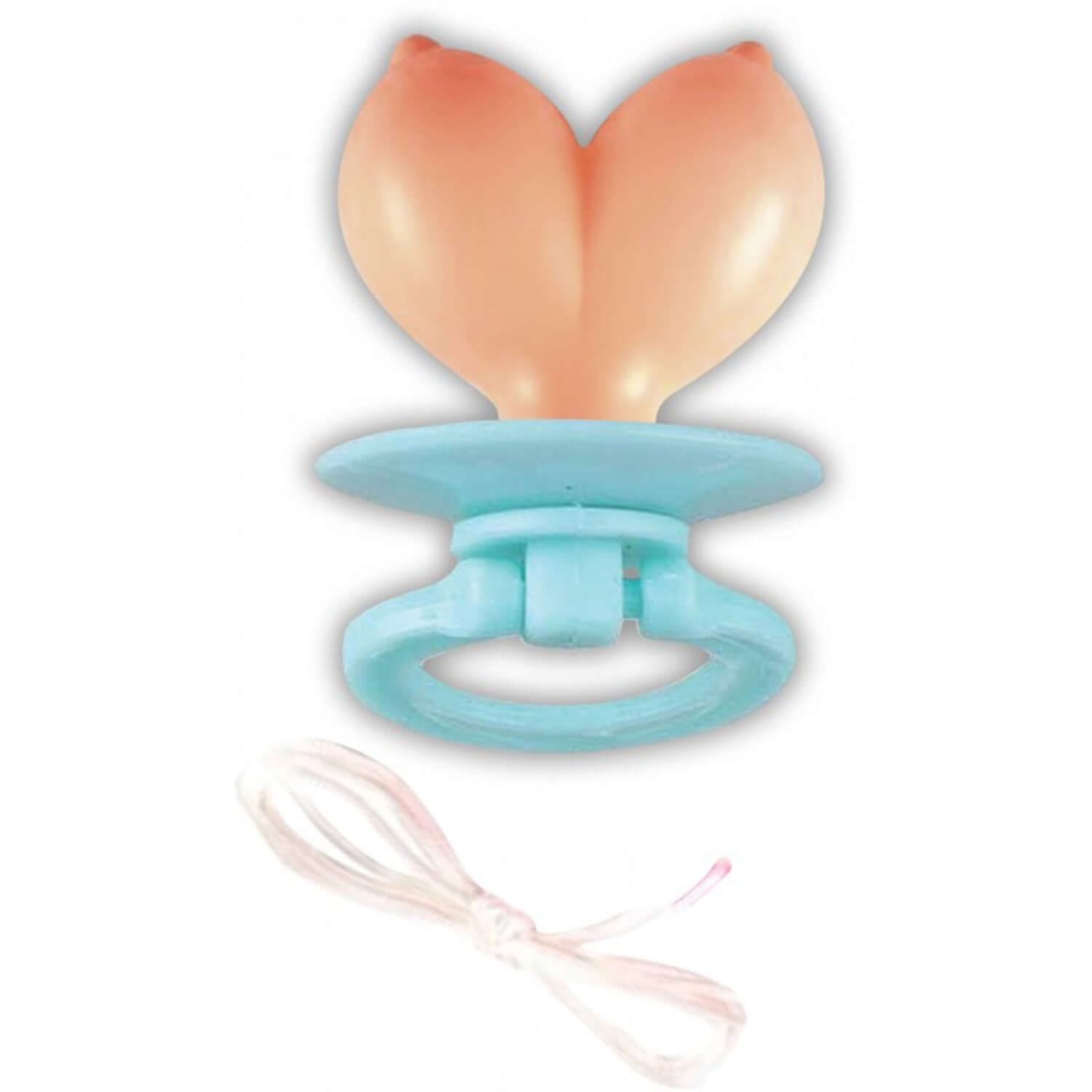 Boobie pacifier with latex breast design, blue base, and elastic wristband for playful, sassy fun and gag gift occasions.