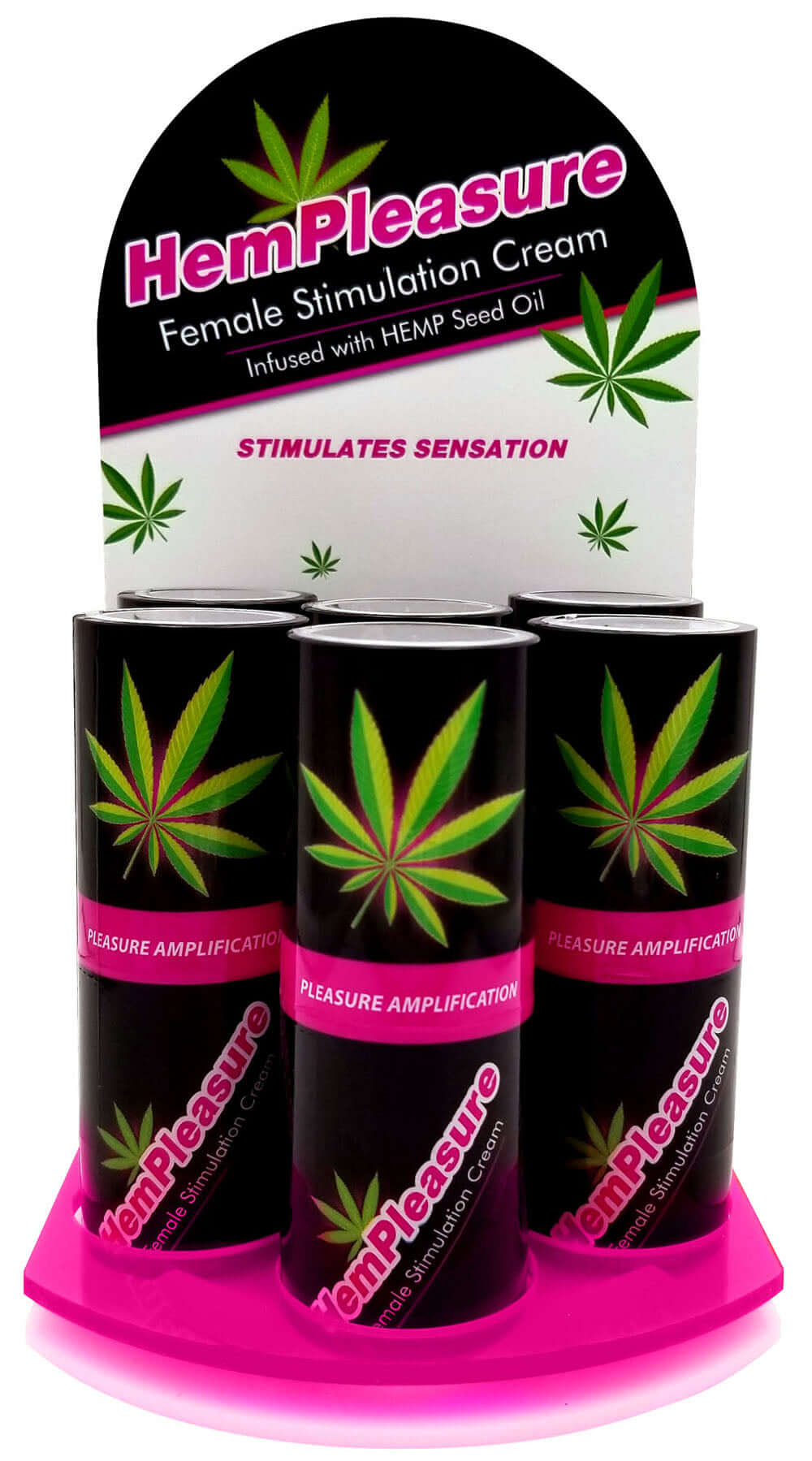 Hempleasure Female Stimulation Cream 0.5 Oz 6 Bottle Display with vibrant packaging promoting enhanced female pleasure.