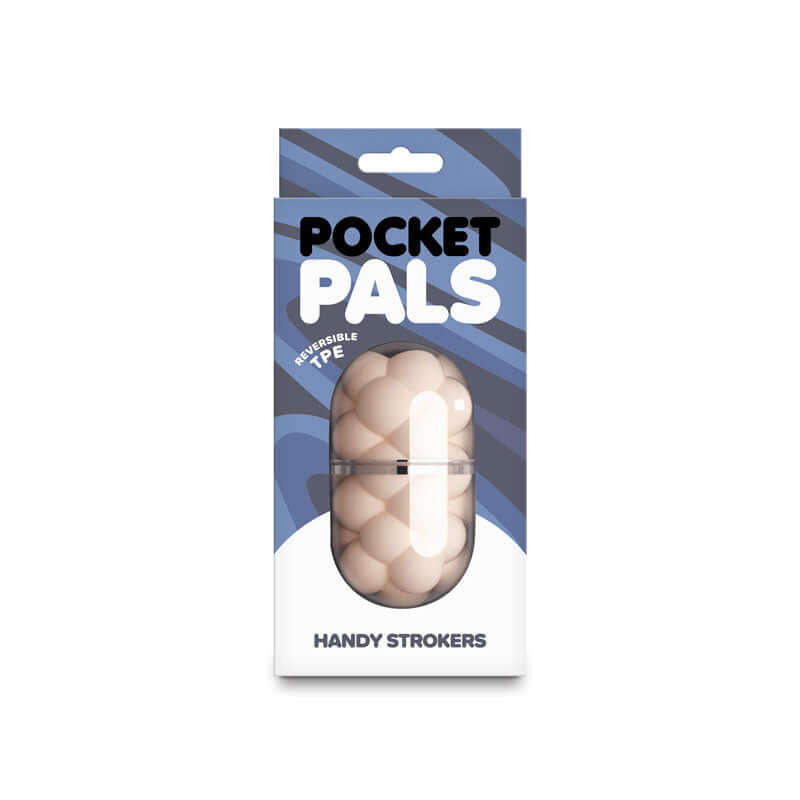 Pocket Pals Handy Stroker Bubbles White packaging showcasing the compact, bubble-textured stroker for customizable pleasure.