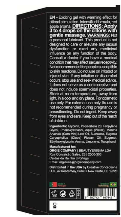 Orgie Orgasmic Drops Intimate Arousal Gel Red Apple 1 Oz packaging with directions and warnings for use.