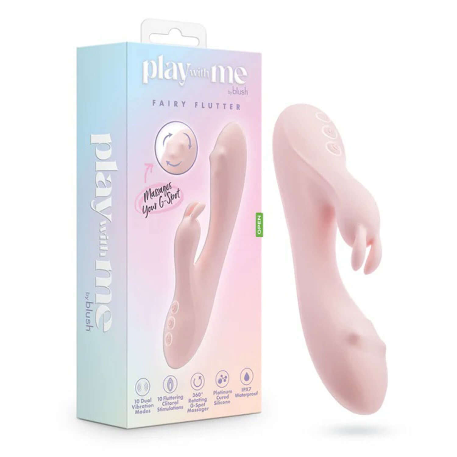 Play With Me Fairy Flutter Pink rabbit massager with smooth, curved flexible shaft and 10 dual vibration modes for G-spot and clitoral pleasure