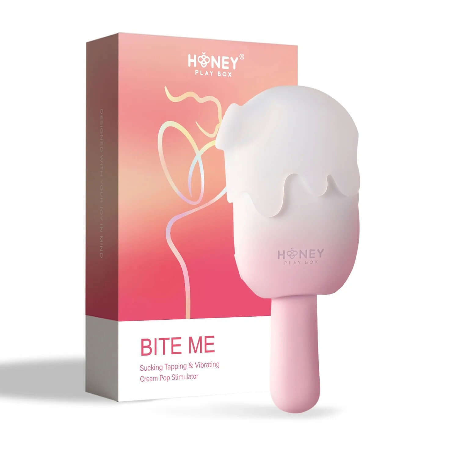 Pink Bite Me Cream Pop Stimulator vibrator in front of product packaging.